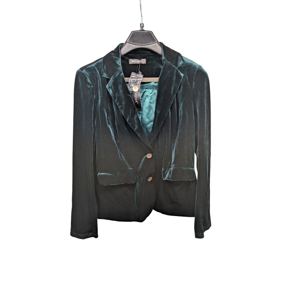 Allegra K Women's Large Green Velvet Blazer Jacket Notched Lapel Two Button NWT